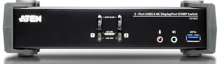 Černý 2-portový USB 3.0 4K DisplayPort KVM přepínač se dvěma tlačítky, USB porty a LED indikátory na předním panelu.