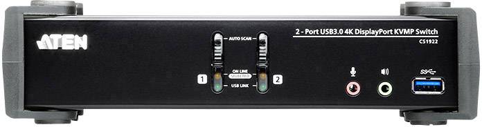 Dvouportový USB 3.0 4K DisplayPort KVMP přepínač od společnosti Aten, model CS1922, se dvěma přepínači a různými porty.