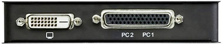 Zadní strana KVM přepínače s DVI a VGA porty, označená štítky "PC2" a "PC1".