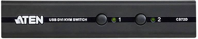 Černý USB-DVI KVM přepínač od společnosti ATEN se dvěma očíslovanými svítícími tlačítky. Na zařízení je vytištěno modelové číslo CS72D.