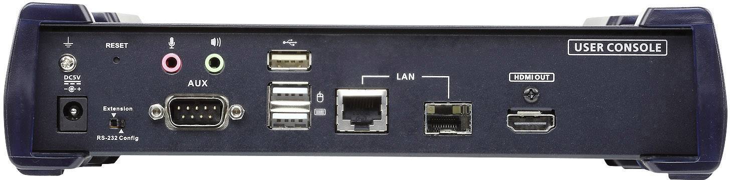 Zadní strana elektronického zařízení s konektory: napájení, reset, dva USB porty, AUX, LAN-Ethernet, HDMI výstup a sériové rozhraní.