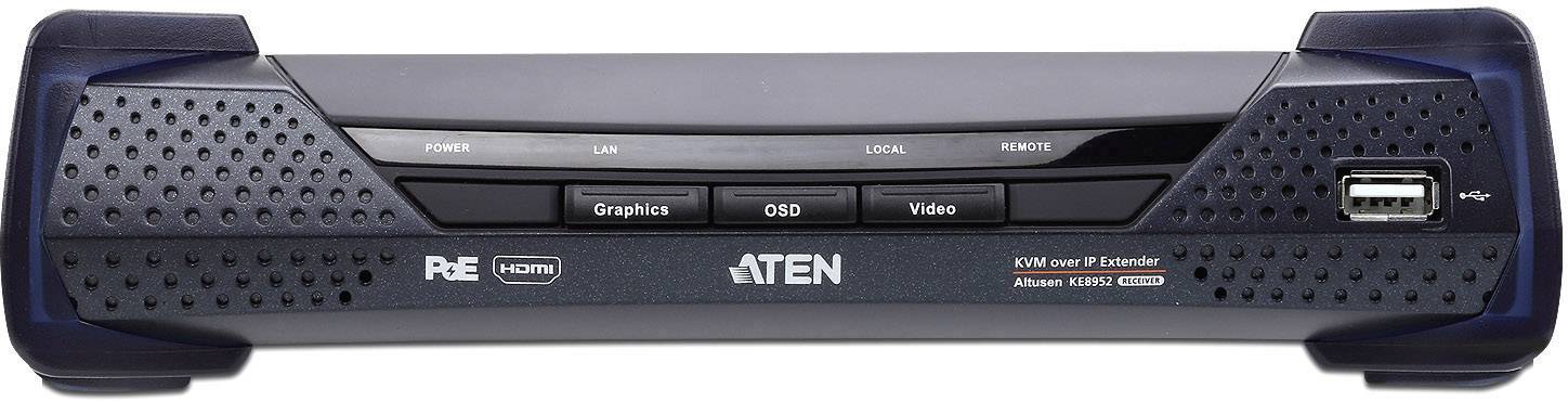 Přepínač KVM s USB portem, firemním logem 'ATEN' a tlačítky pro 'Grafiku', 'OSD' a 'Video', vhodný pro HDMI vstup.