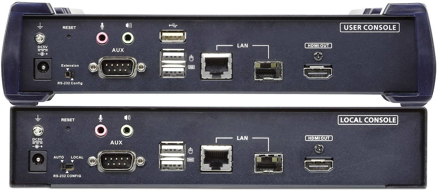Dvě elektronická zařízení s několika porty jako USB, LAN, HDMI a AUX. Nahoře "UŽIVATELSKÁ KONZOLE", dole "MÍSTNÍ KONZOLE".