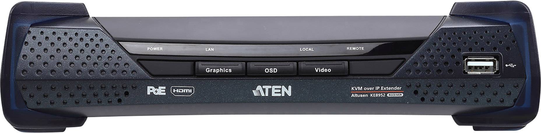 Hardwarové zařízení s označením 'ATEN', s několika porty jako USB a Ethernet, a displejem pro OSD, grafiku a video.