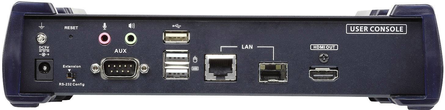 Zadní strana elektronického zařízení s různými porty: napájení, resetovací tlačítko, audio, USB, LAN, HDMI a AUX.