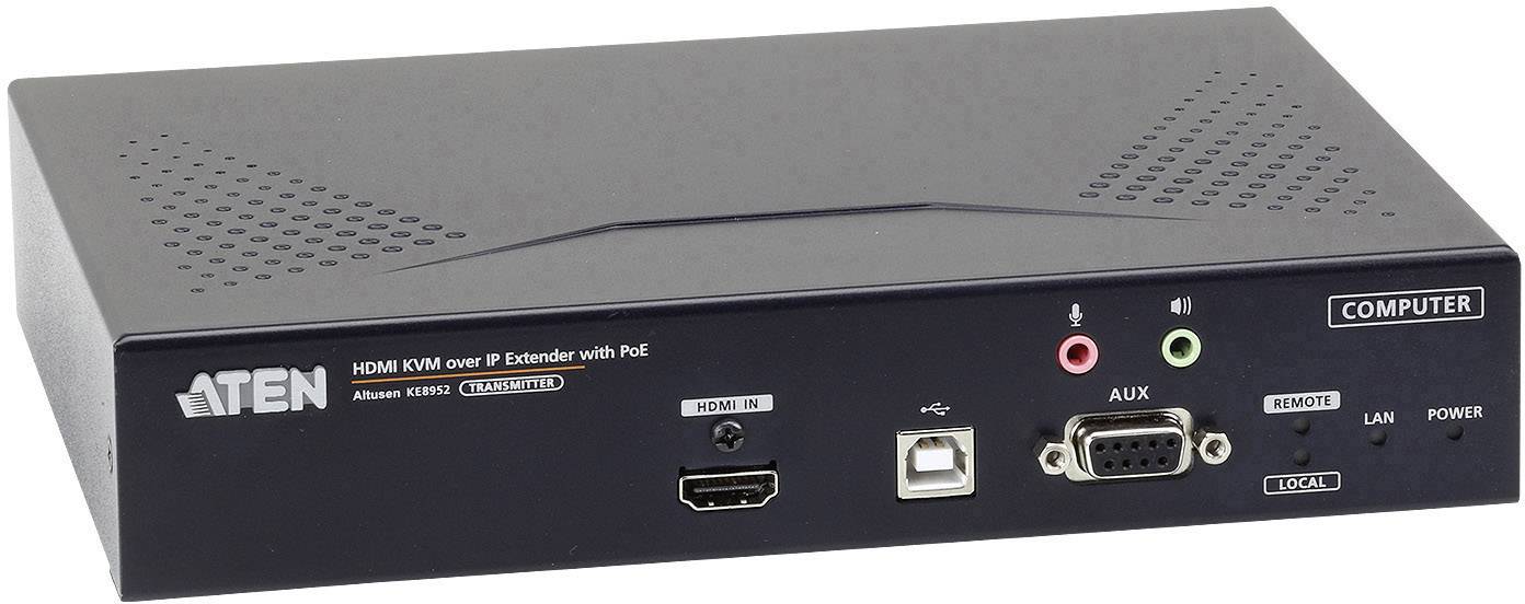 Černý HDMI KVM extender přes IP od společnosti ATEN s několika porty, včetně HDMI IN, USB, AUX a LAN.