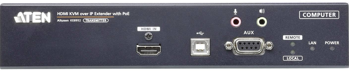 'ATEN HDMI KVM extender přes IP s PoE' pohled zepředu s HDMI, USB, AUX a ethernetovými porty; LED indikátory pro Remote, LAN, napájení.