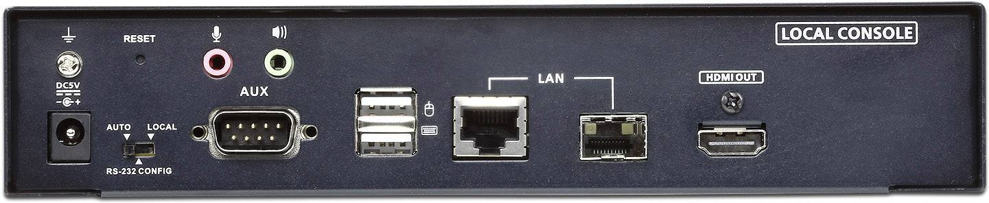 Zadní strana technického zařízení s přípojkami: Reset, napájení, AUX, sériové rozhraní, USB porty, LAN, HDMI, místní ovládací panel.