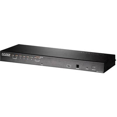 Černý rackmountový KVM přepínač s víceportovými LED indikátory a funkcemi pro přepínání mezi různými počítači.