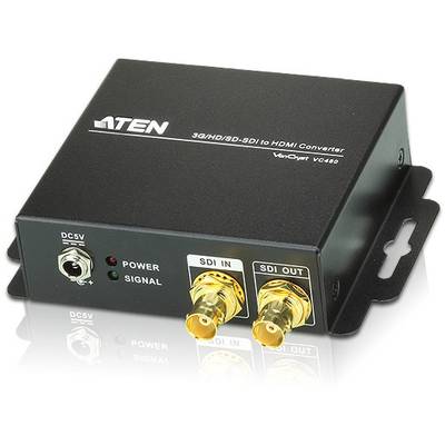 Černený 3G/HD/SD-SDI na HDMI konvertor s SDI vstupem a SDI výstupem, indikátory napájení a signálu.
