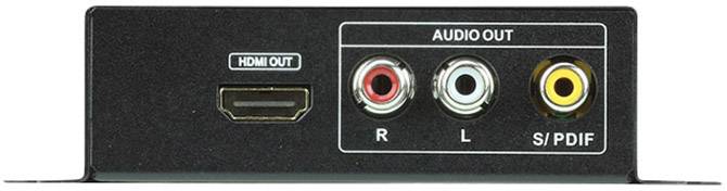 Audio a video konektory na zařízení: HDMI OUT a AUDIO OUT s R, L, S/PDIF pro analogové a digitální audiokonekce.