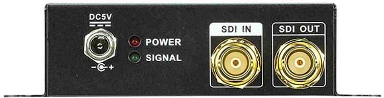 Černá skříňka s přípoji: 'SDI IN', 'SDI OUT', dvě kontrolky 'POWER' a 'SIGNAL', napájecí konektor 'DC5V'.