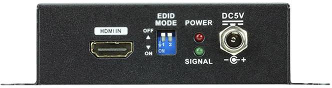 Elektronické zařízení s HDMI vstupem, přepínačem EDID módu, indikátorem napájení a DC5V připojením. Displej pro zobrazení stavu signálu.