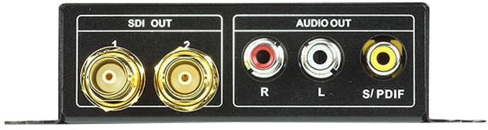 Obrázek ukazuje zadní stranu elektronického zařízení s přípojkami. Vlevo jsou dva konektory 'SDI OUT', vpravo tři audiovýstupy (R, L, S/PDIF).