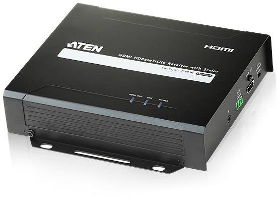HDMI HDBaseT-Lite přijímač se škálovačem od společnosti ATEN, model VE805R, s HDMI porty a LED indikátorem. Vhodný pro AV signály.