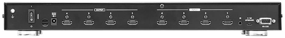 Zadní strana HDMI přepínače s několika HDMI vstupy a výstupy, síťovým vypínačem, USB a sluchátkový porty.