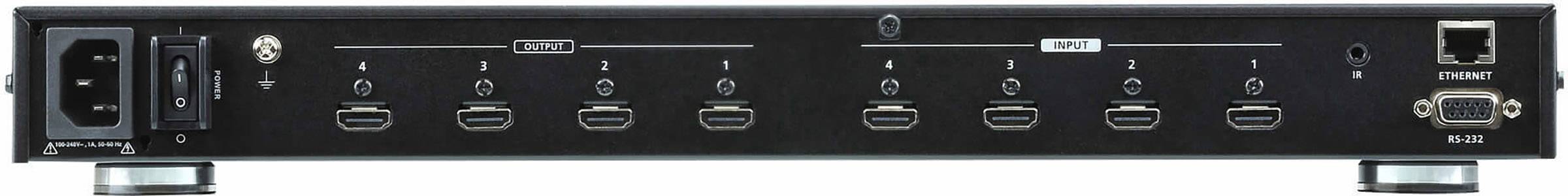 Zadní strana elektronického zařízení s napájecím konektorem, šesti HDMI konektory, síťovým konektorem a VGA konektorem.