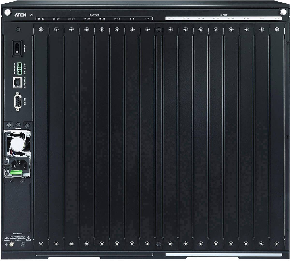 Uzavřená technická skříň s místy pro osazení elektronických komponent, různými přípojkami a ovládacími prvky.