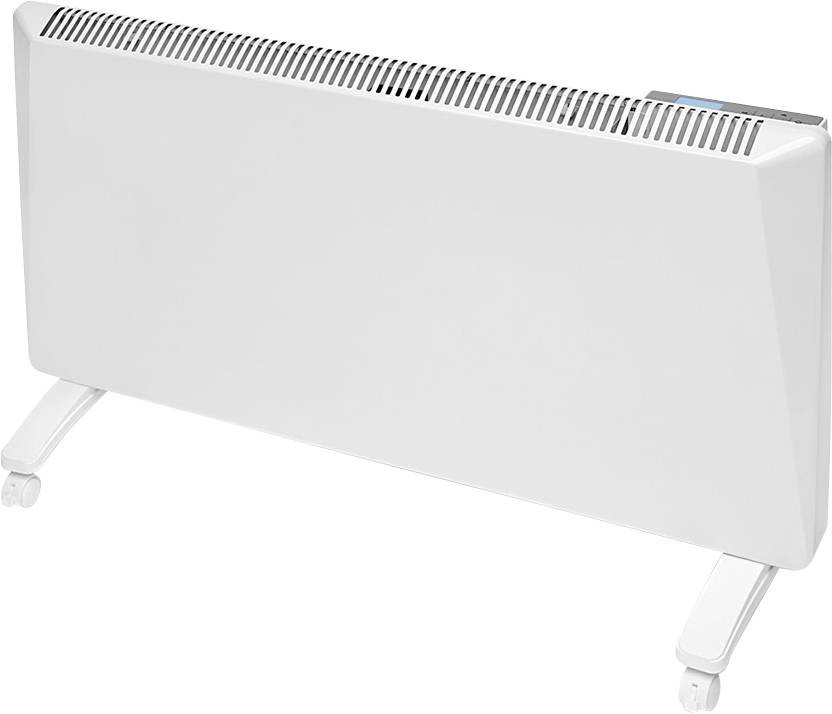 Moderní, bílý topný panel na kolečkách, vhodný pro mobilní použití ve vnitřních prostorách.