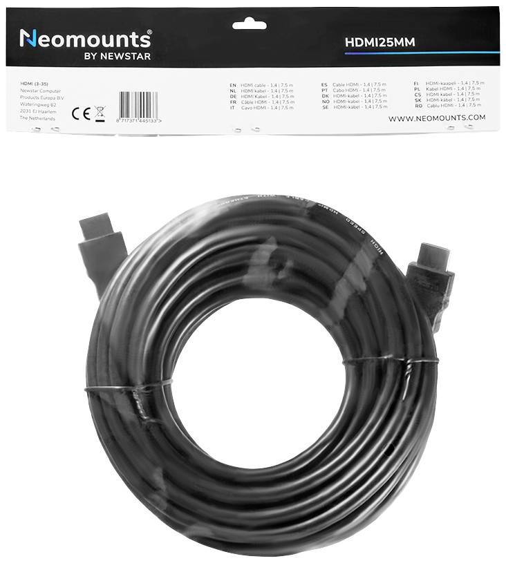 Neomounts HDMI kabel, model HDMI25MM. Dlouhý, navinutý HDMI kabel s konektory na obou koncích.