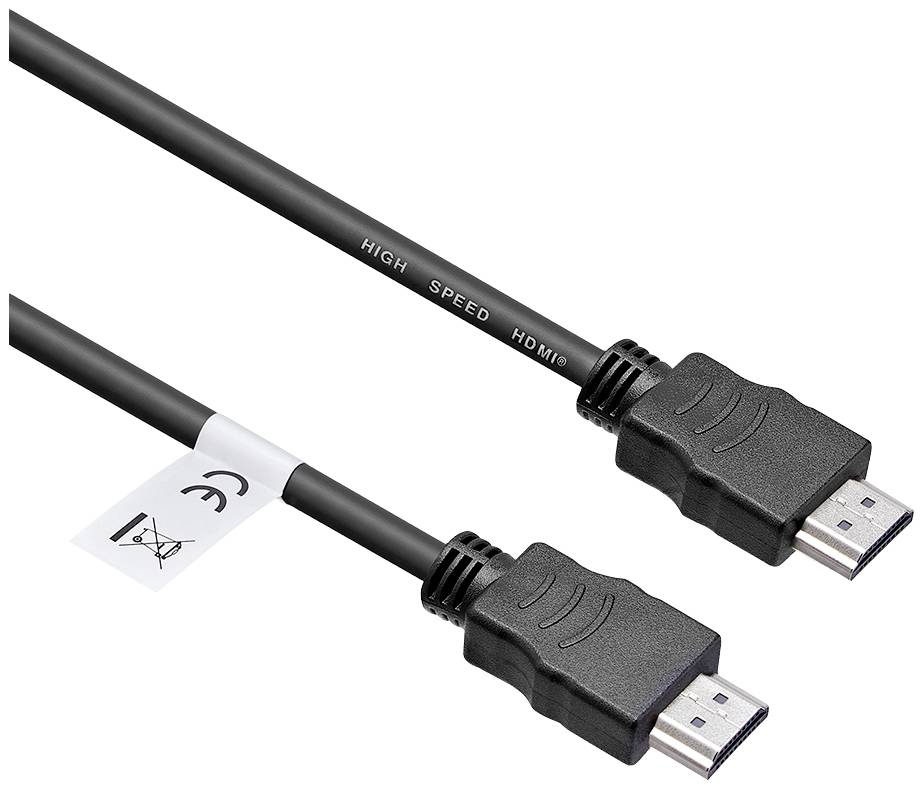 Černý HDMI kabel s nápisem 'High Speed HDMI'. Kabel má na každém konci dva identické konektory.
