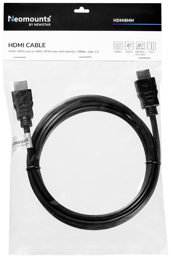 Zabalený HDMI kabel od Neomounts, typ 1.4, 1080p, s podporou Ethernetu.