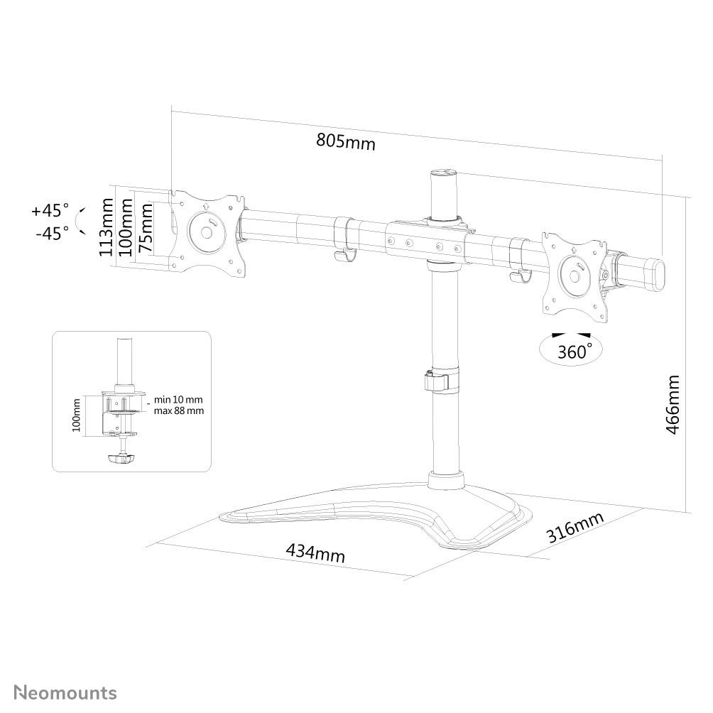 'Technický výkres stolního stojanu na monitor s funkcí otáčení a naklápění. Rozměry: 805 mm šířka, 466 mm výška, 434 mm šířka základny.'