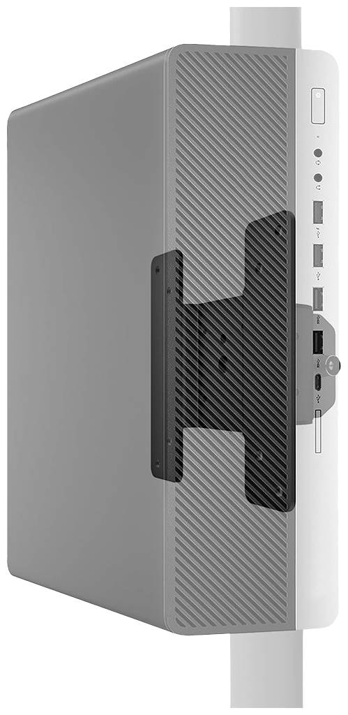 Štíhlý počítač namontovaný ve svislé poloze na držáku. Přední strana zobrazuje několik portů a síťový vypínač.