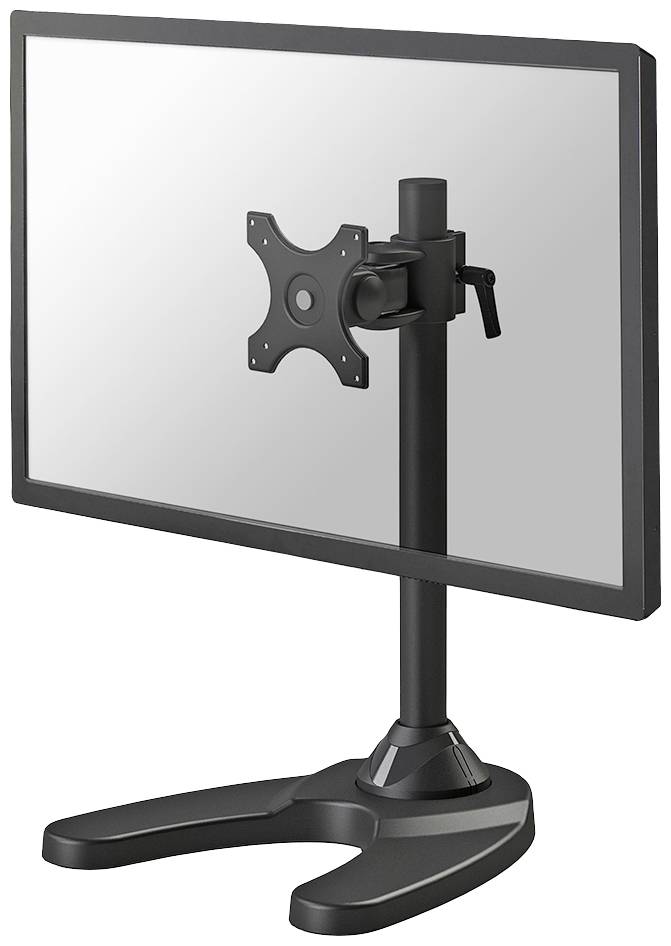 Černený kovový držák monitoru s nastavitelným ramenem a stabilní základnou, vhodný pro upevnění obrazovky.
