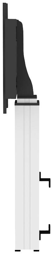 Boční pohled na nástěnný nebo stolní držák s nastavitelným ramenem pro monitor. Rameno má černý a bílý úsek.