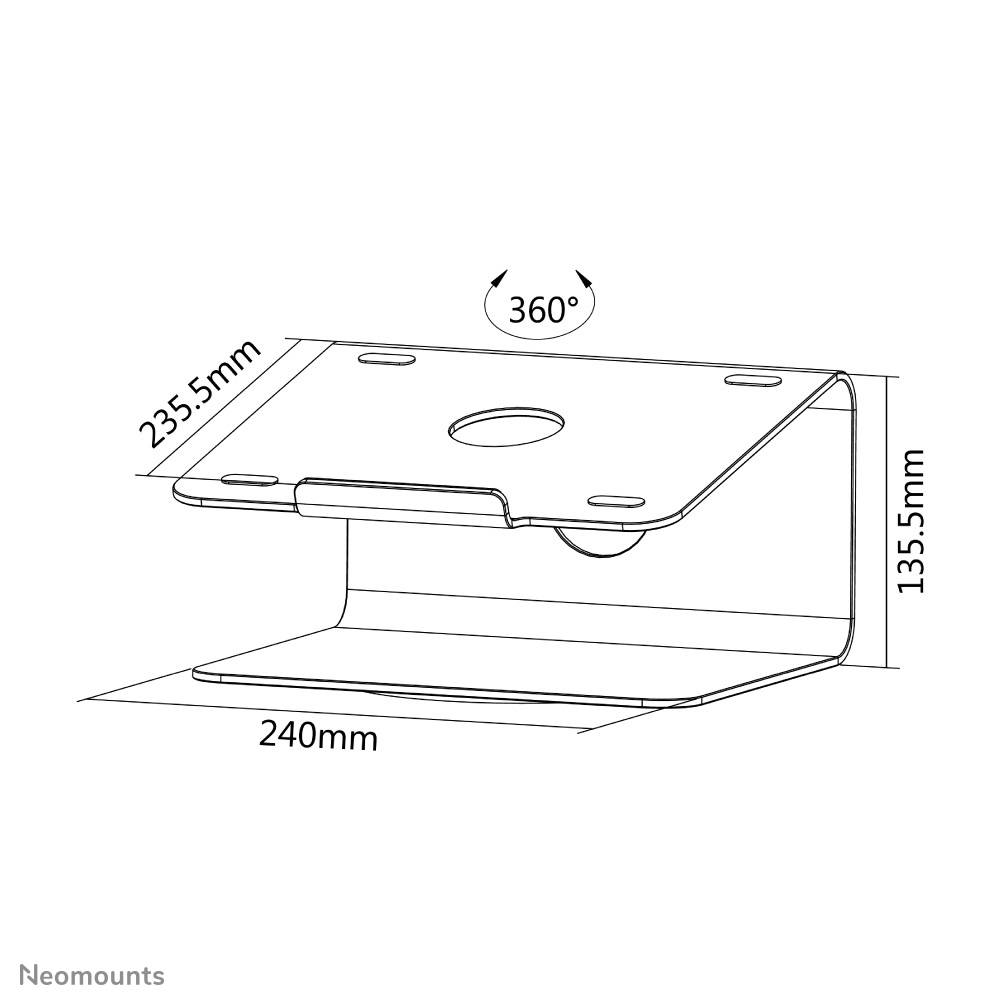 Nákres stojanu na notebook s rozměry 240 mm x 235,5 mm x 135,5 mm. Design umožňuje otočení o 360 stupňů.