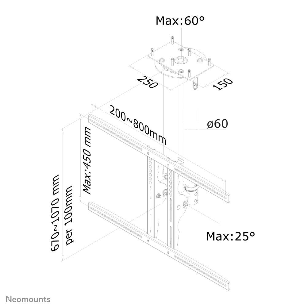 Stropní držák pro projektor, nastavitelný: maximální délka 1070 mm, náklon až 60 stupňů, otočení až 25 stupňů, kompatibilní s rozsahem 200-800 mm.