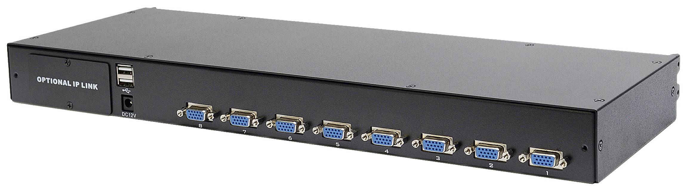 Černý KVM přepínač s osmi VGA porty a USB porty.