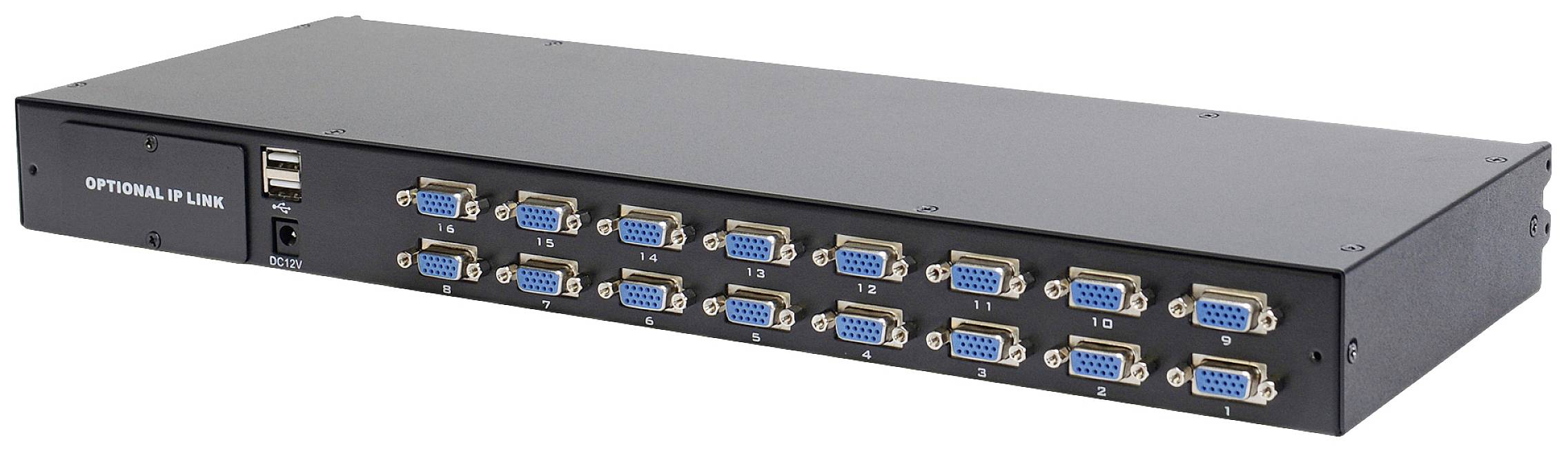 Černý KVM přepínač se 16 VGA porty na přední straně, USB porty a nápisem 'Optional IP Link' vlevo.