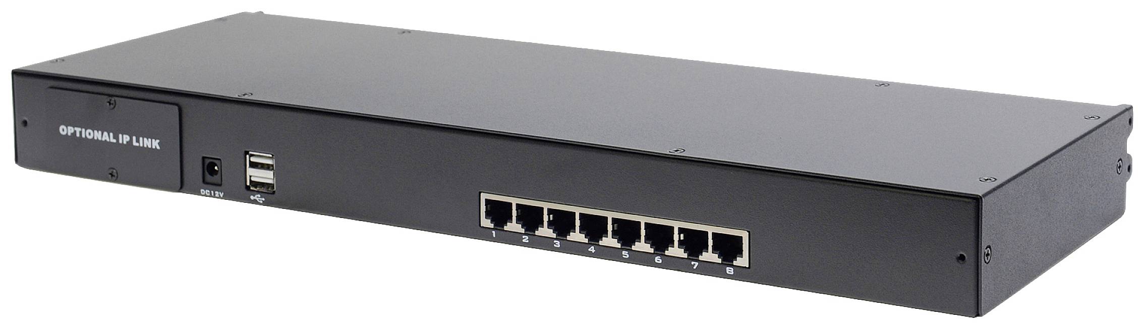 Síťový switch s osmi ethernetovými porty a dvěma USB porty. Vlevo označení 'Volitelný uplink'. Ideální pro kancelářské sítě.