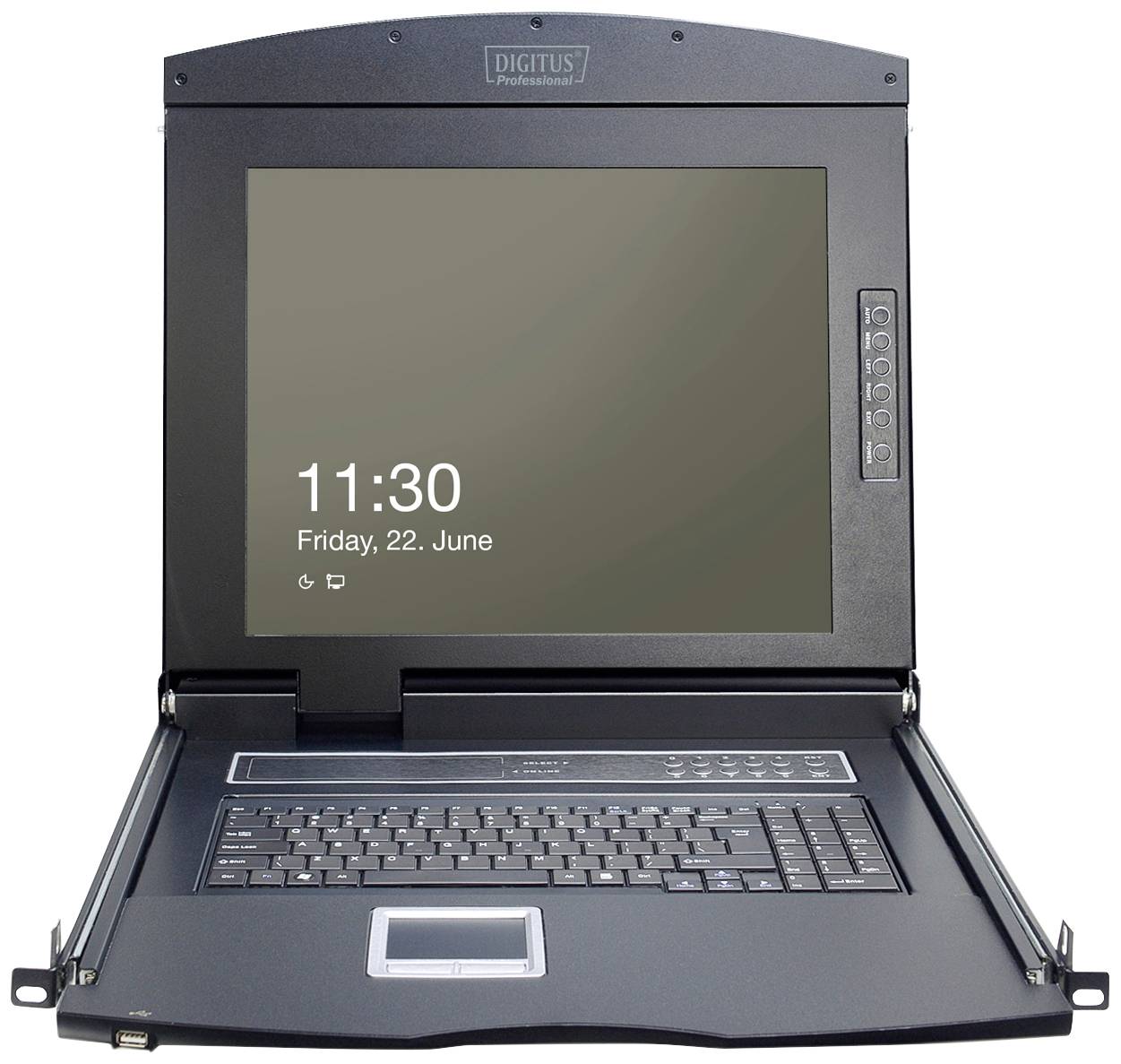 Konzole KVM s monitorem a klávesnicí v rackmountovaném šasi. Monitor zobrazuje datum a čas: '11:30, pátek, 22. června'.