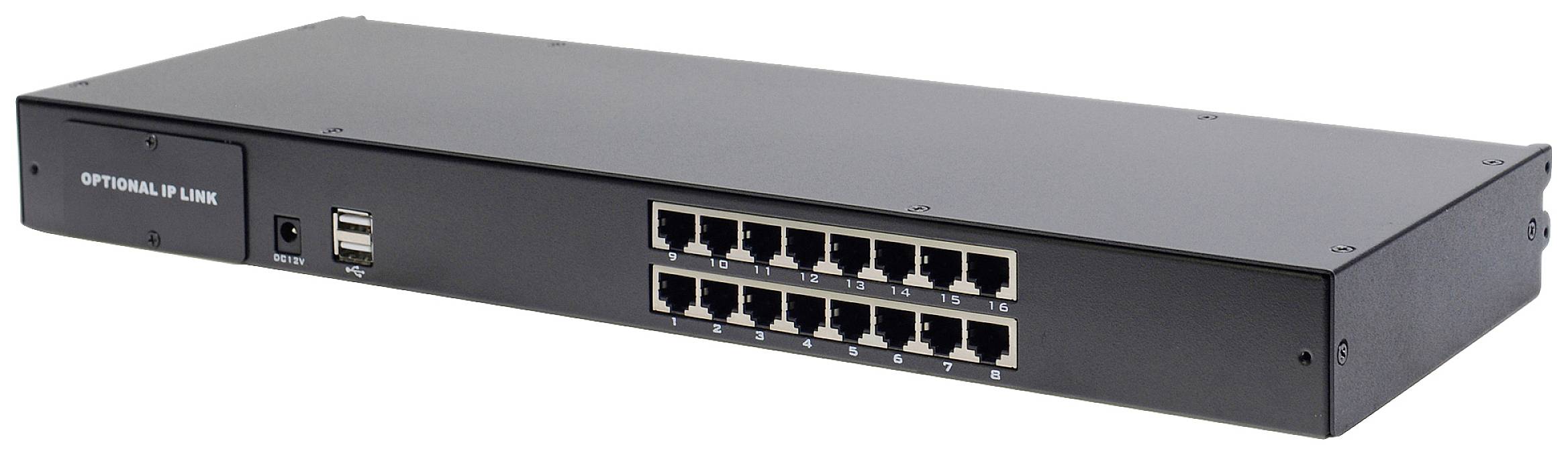 Černý síťový switch s 16 ethernetovými porty na přední straně a dvěma USB porty vedle něj pro konektivitu.