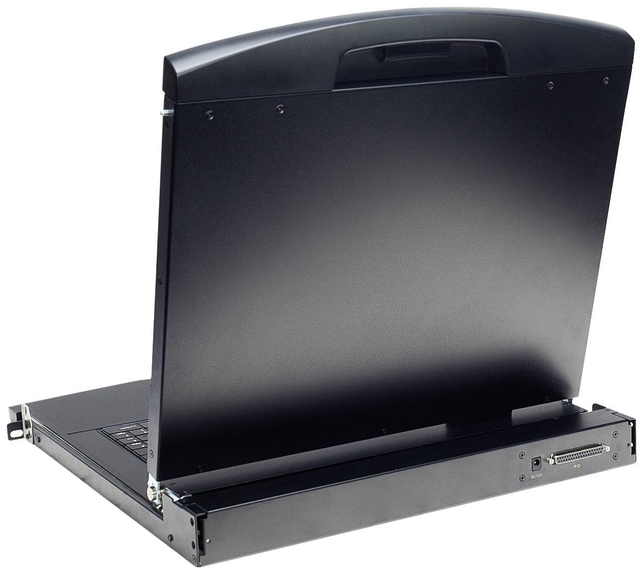 Otevřený černý laptop s vyklopeným displejem, pohled zezadu. Zařízení je štíhlé a přenosné.