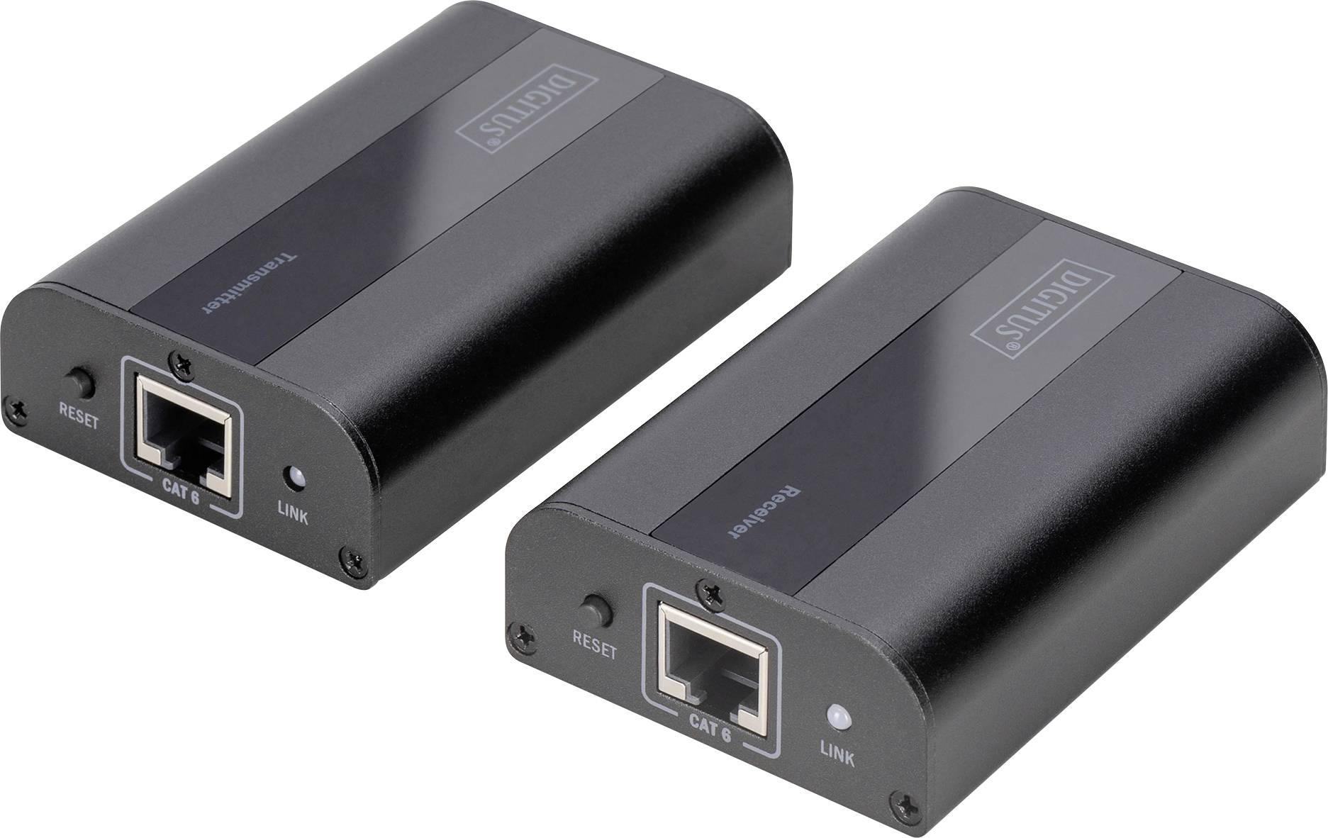Dva černé elektronické přístroje s ethernetovými porty, označené štítkem 'Cat5'. Vhodné pro síťové připojení.