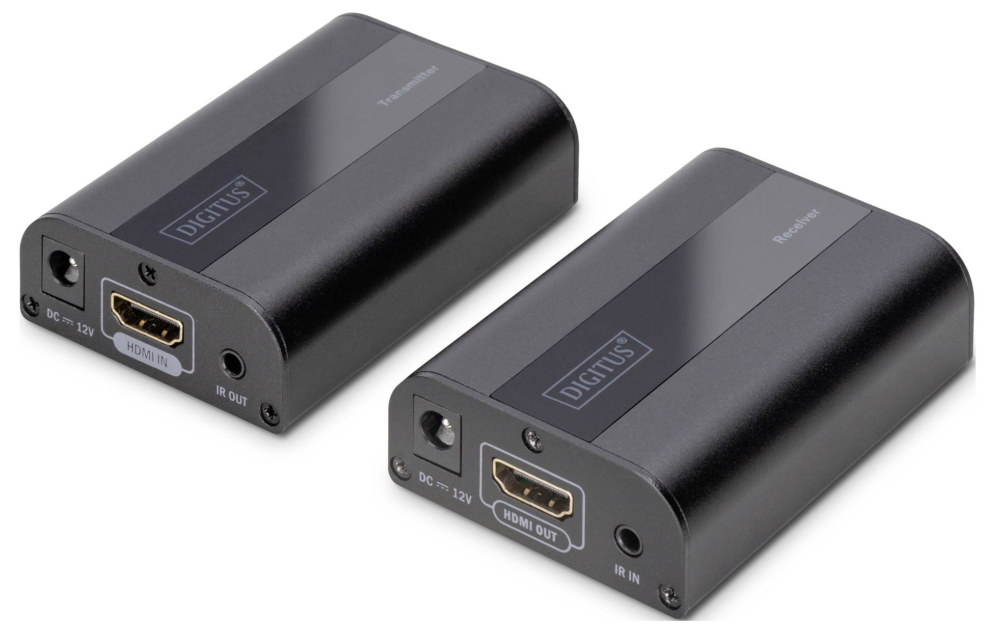 Dva černé HDMI extendery s porty pro 'DC 12V', 'HDMI IN' a 'HDMI OUT'. Umožňují prodloužení HDMI signálů.