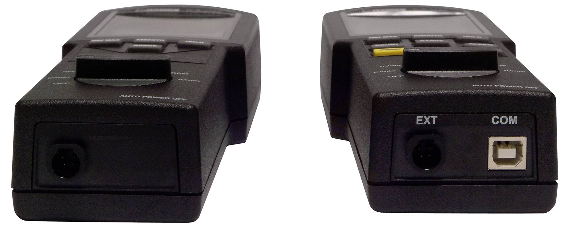 Dva černé elektronické přístroje s několika připojeními a ovládacími prvky, pohled zepředu a zezadu.
