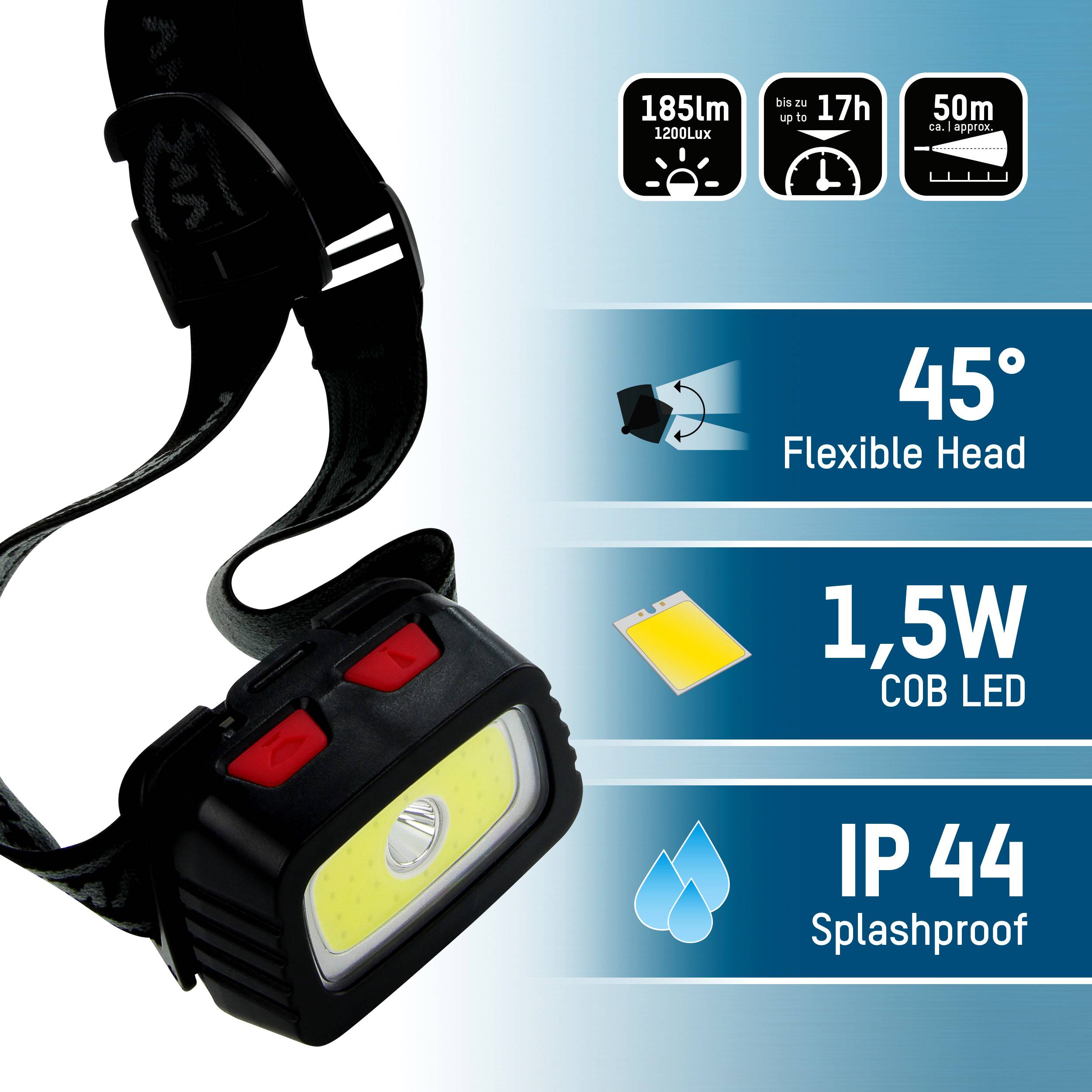 Čelová svítilna s nastavitelným popruhem, 1,5W COB LED, 185 lumenů. Chráněná proti stříkající vodě (IP44), s dosahem 50 metrů a hlavou otočnou v úhlu 45°.