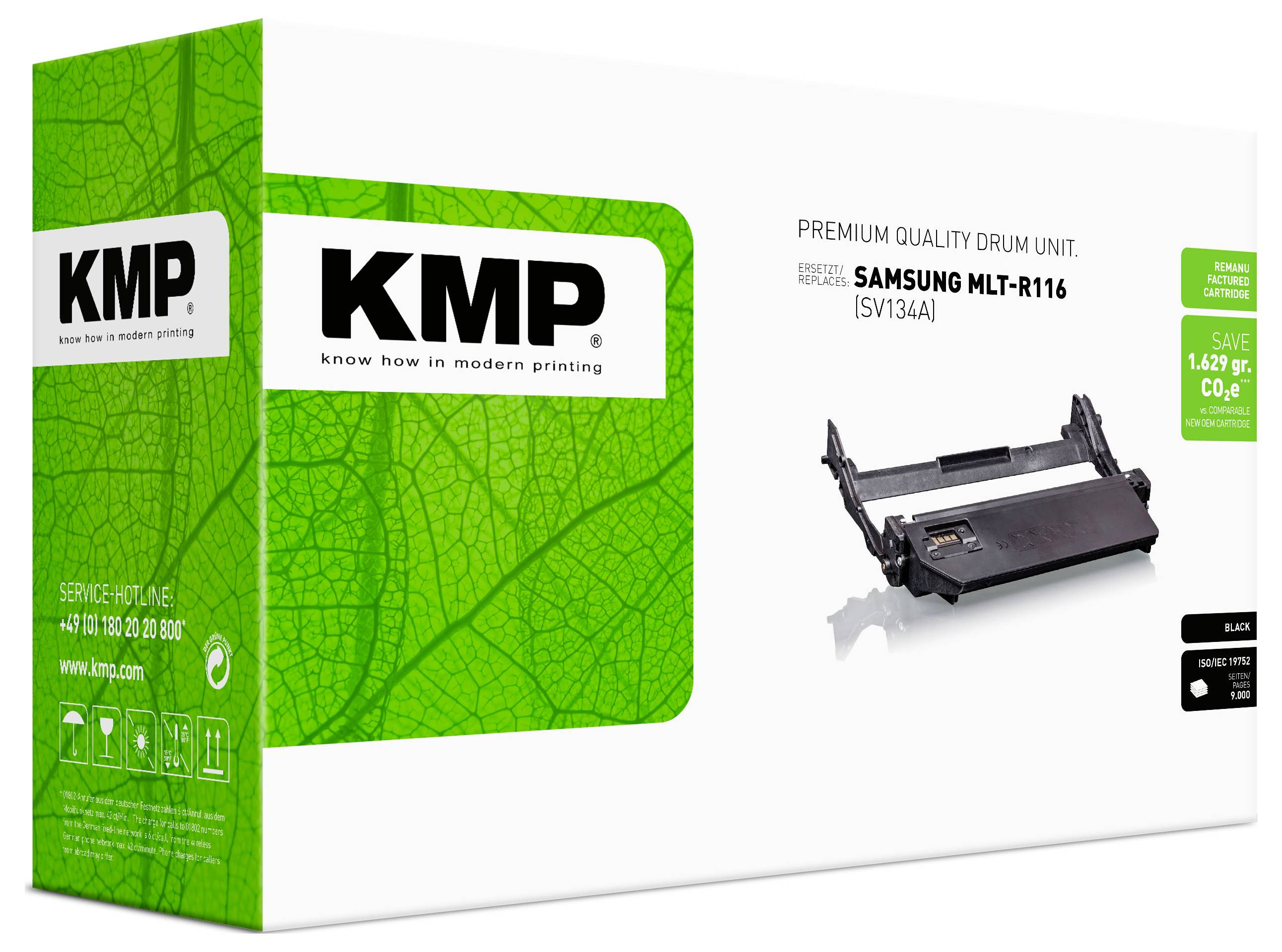 Prémiová kvalitní obalová jednotka bubnů KMP pro Samsung MLT-R116, zobrazená jako zeleno-bílá krabice s obrázkem produktového kartridže a kompatibilitními štítky.