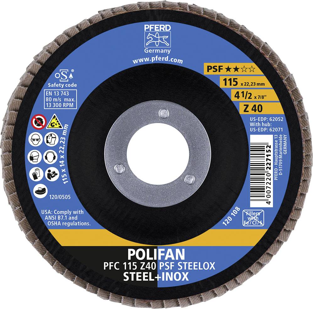 Rovinná brusná kotouč značky PFERD, model 'POLIFAN PSF STEELOX', speciálně určený pro ocel a nerez, průměr 115 mm, otvor 22,23 mm.
