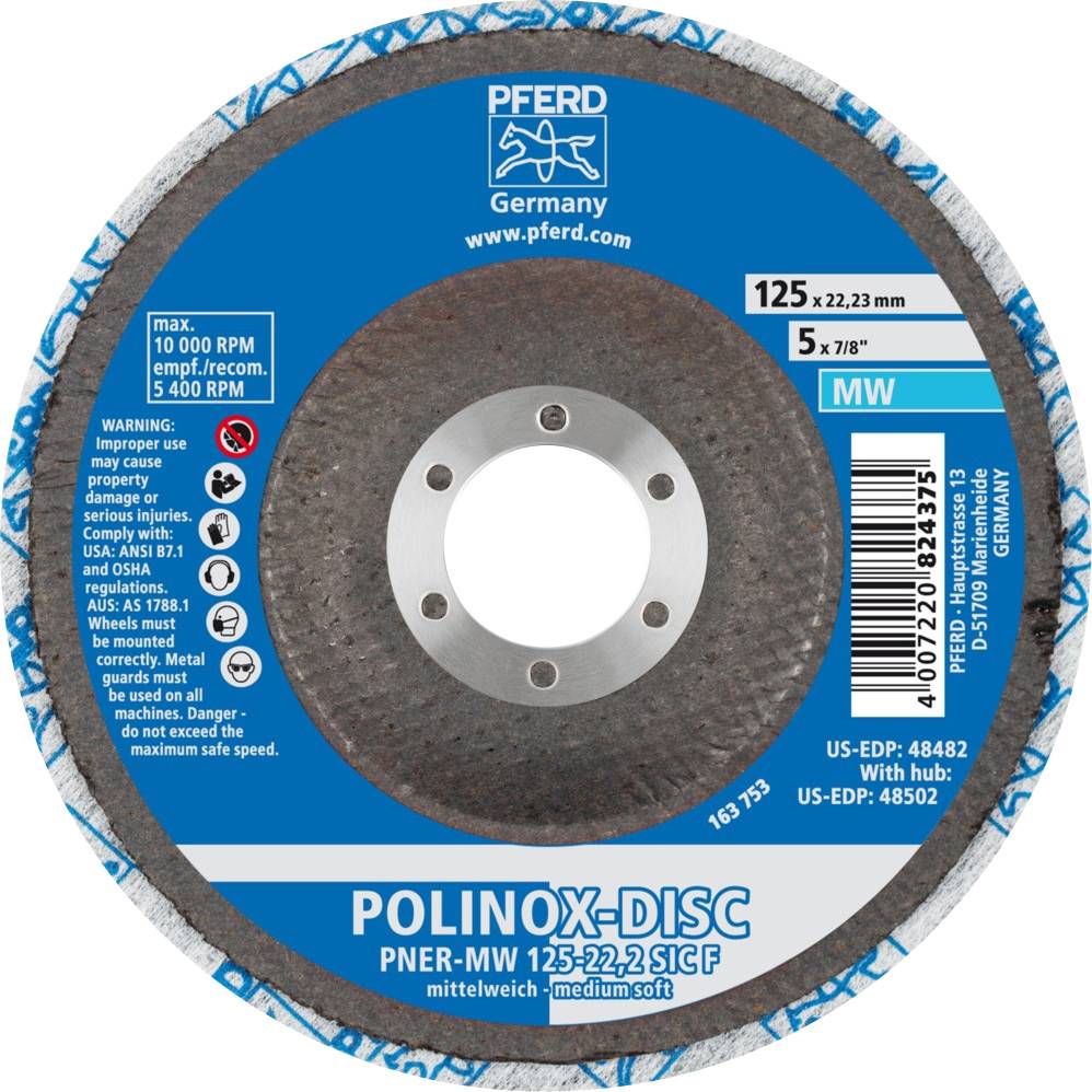 Brusný kotouč s nápisem 'POLINOX-DISC PNER-MW 125-22,23 1CGF'. Pro použití ve středně měkkém prostředí, maximálně 13.500 otáček za minutu.