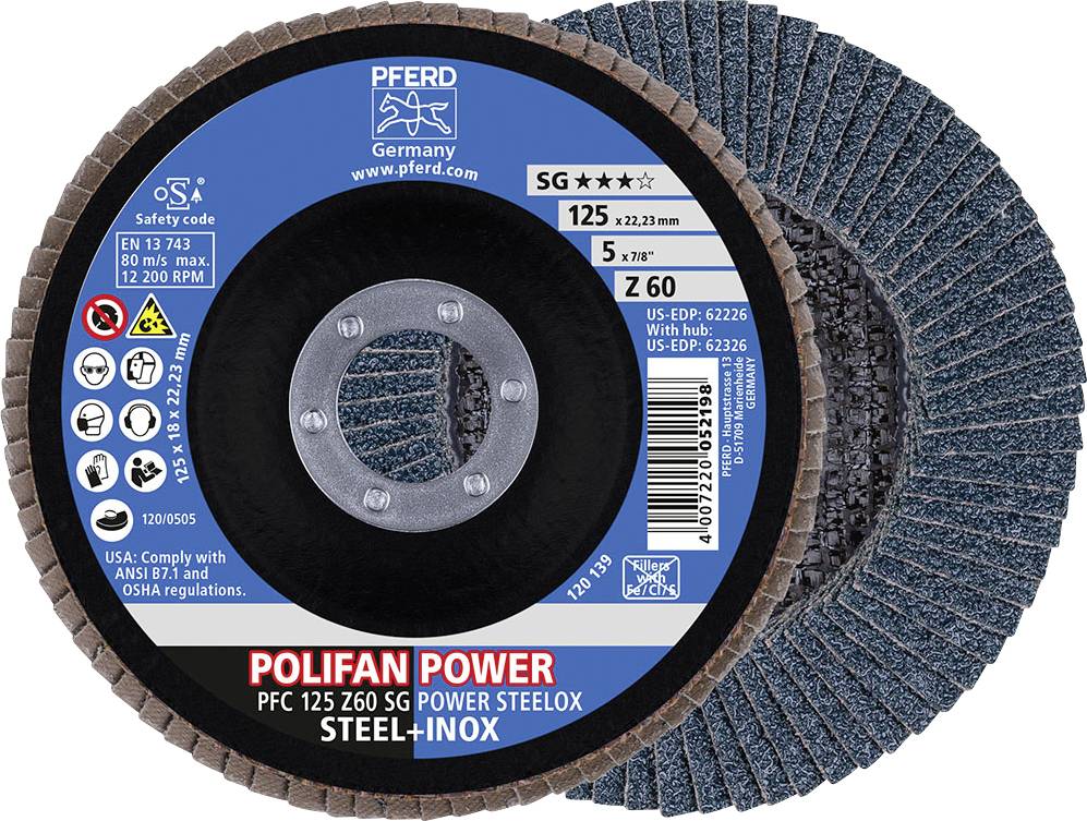 Brusný kotouč na ocel a nerez, průměr 125 mm, bez použití chladicí kapaliny. Obchodní značka: POLIFAN POWER, typ: PFC 125 Z60 SG.