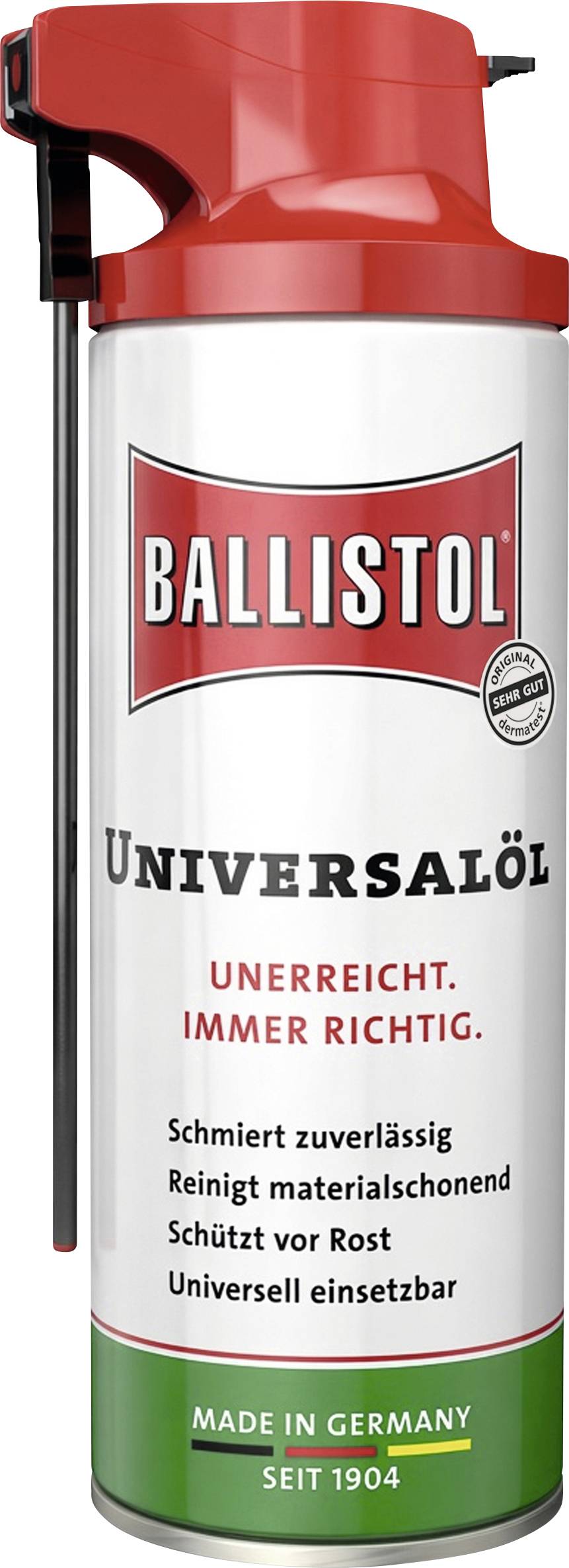 Ballistol Univerzální olej sprej s červeným uzávěrem, označený "NESPRÁVNĚ. VŽDY SPRÁVNĚ." a "VYROBENO V NĚMECKU"