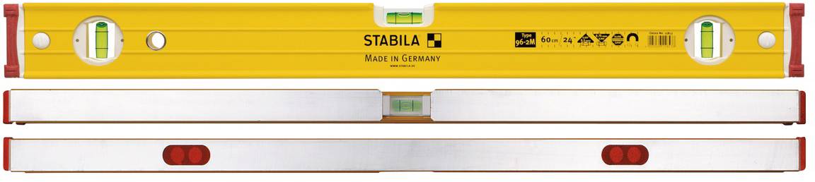 Vodováha se žlutým pouzdrem, třemi libelami a nápisem 'STABILA Made in Germany'. Slouží k měření horizontální roviny.