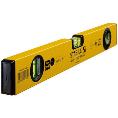 Žlutá vodováha s černým koncem. Nápis: 'Stabila Type 70'. Vyrobeno v Německu. 40 cm, 16 palců.