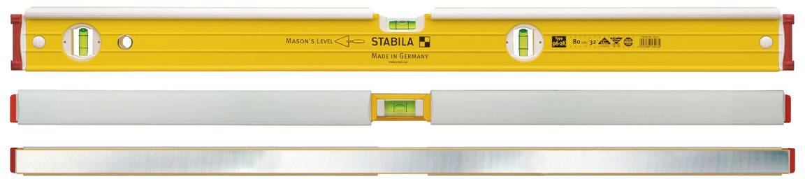 Dvě žluté vodováhy pohledem shora a zdola, obě ukazují tři zelené libely pro měření vodorovnosti.